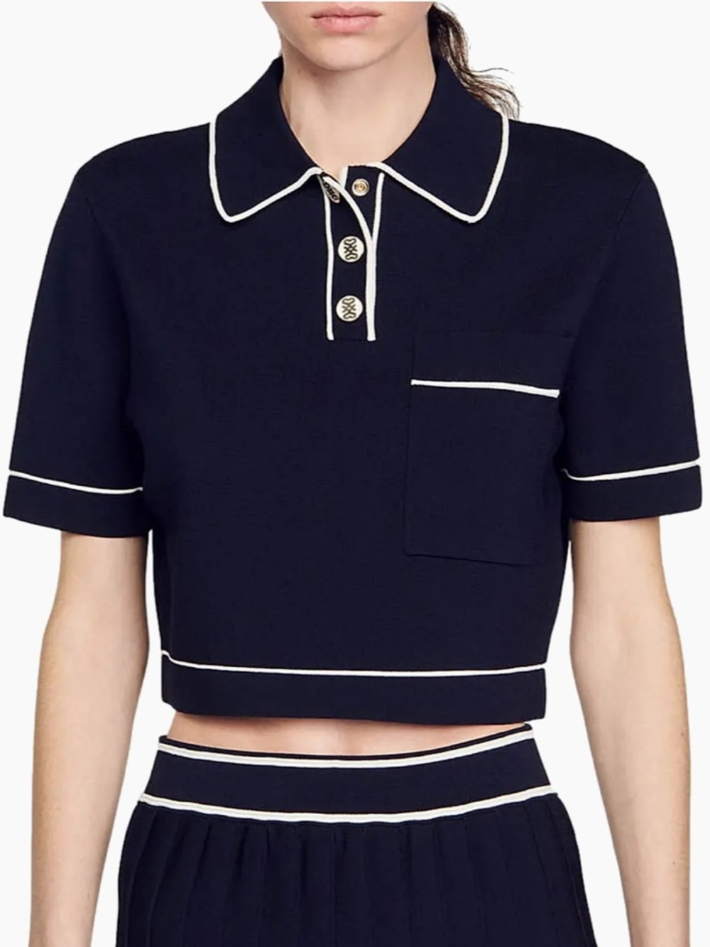 Sandro Navy Cropped Polo with Cream Piping